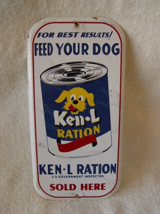 Vintage Ken - L Ration Dog Food Here Stamped Metal Advertising Door Push Sign