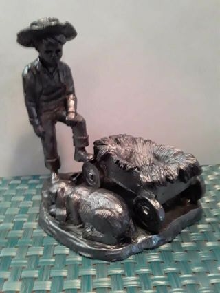 Michael Ricker Pewter - Boy Standing Over Wagon W/hay And His Dog - Figurine