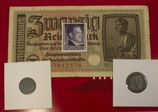 World War Ii Certified Two German Coins 1,  10 Rp & 20 Reichsmark Bill & Stamp