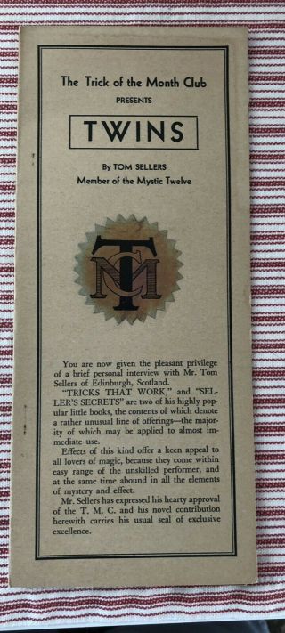 1931 Trick Of The Month Magic Booklet By Tom Sellers Magician Mystic Twelve