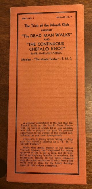 1931 Trick Of The Month Magic Booklet By Harlan Tarbell Magician Series 1 No.  9