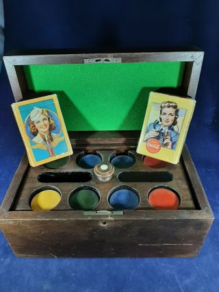 Vintage Poker Set With Two Decks Of Coca - Cola Cards Including Spotter