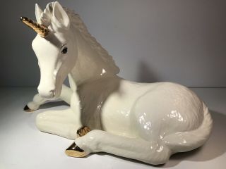 Large 14 " Vintage Porcelain Ceramic White Unicorn With Gold Horn & Hooves