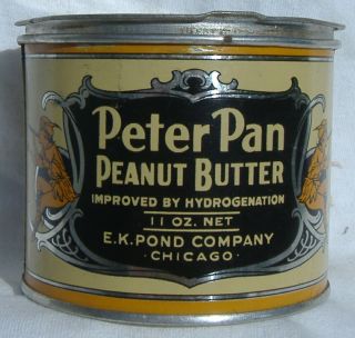 Vintage Peter Pan Peanut Butter Advertising Tin E K Pond Co.  11 Oz.