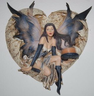 Gothic Sexy Fairy Wall Hanging Sculpture Candle Holder Black Purple Heart Resin