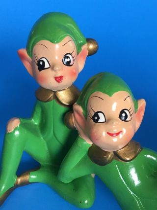 Vintage Set 2 Green Pixie Elves Elf Sitting Christmas Shelf Sitters Hand Painted