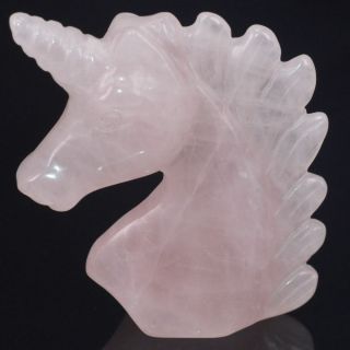 3 " Natural Stone Rose Quartz Crystal Carved Unicorn Head Reiki Healing Statue