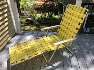 Vintage Yellow Folding Lounge Chair Aluminum Webbed Lawn Patio Porch Chaise