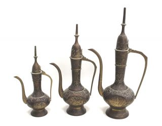 Set Of 3 Brass Indian Coffee Pots Ornaments Collectable 1kg Height 12 " - I04