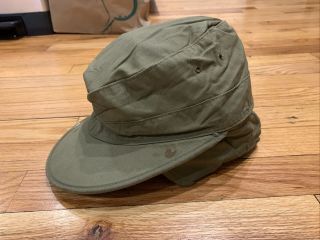 Wwii Korean War Us Army Cap Green Field Cotton Od Visor Ear Flaps Hat Size 7 1/4