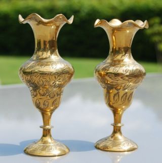 Small Engraved Brass Flower Or Posy Vases 12cm High
