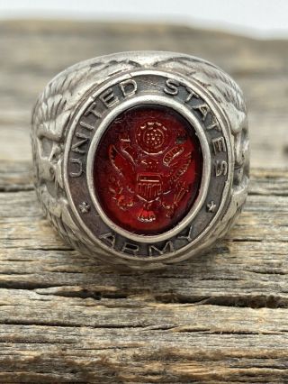 Vintage World War 2 Wwii Sterling Silver Red Stone Eagle Us Army Ring Size 9