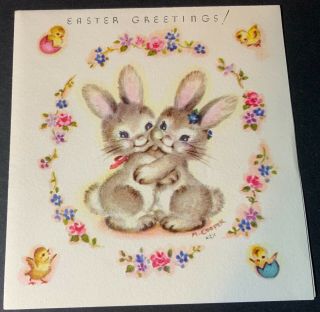 Vtg Marjorie Cooper Easter Card Adorable Bunny Rabbit Couple 1947 Rust Craft