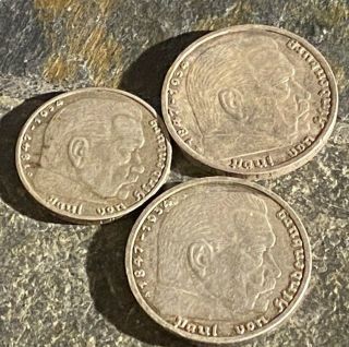 3 German Silver Paul Hindenburg Reichsmark Coins 2x1938 5rm 1x1936 2rm Unc