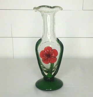 Vintage Glass Green Red Flower Vase Small