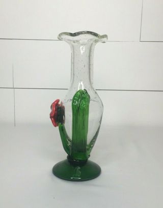 Vintage Glass Green Red Flower Vase Small 2