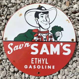 Vintage Sav’n Sam’s Ethyl Gasoline Porcelain Sign 12” Us Oil Gas Pump Petroliana