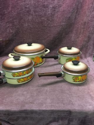 Vintage Retro Sears Merry Mushroom 9 Piece Enamelware Pots Pans Lids Dutch Oven