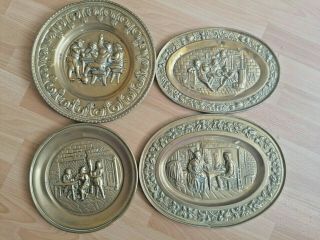 Vintage Brass 4 Hanging Tavern Pub Scenes Wall Plaques Plates Embossed Bar