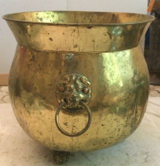 VINTAGE GOLDEN FOOTED PLANTER POT WITH LIONS HEAD HANDLES 10.  5” x 10.  5W 2