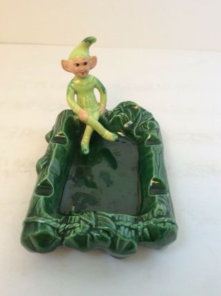 Vintage Treasure Craft Pixie Elf Ceramic Green Sprite Ashtray Dish Label
