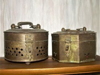 Vintage Two (2) Brass Cricket Cage Potpourri Trinket Box Round Hexagon Handle