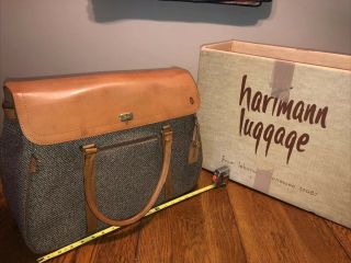Vintage Hartmann Tweed Luggage Suitcase W/ Leather Belting & Tag & Toile Lining