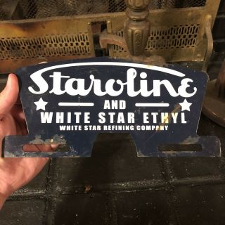 Vintage Staroline And White Star Ethyl Metal License Plate Topper Sign
