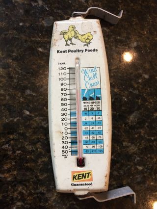 Vintage Kent Poultry Feeds Metal Thermometer Wind Chill Chart Farm Baby Chicks