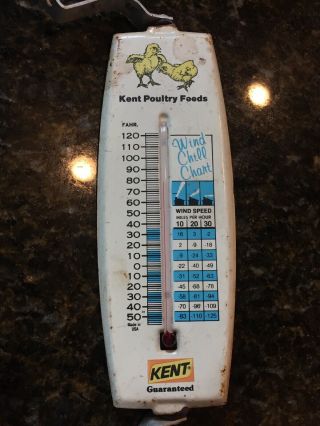 Vintage KENT POULTRY FEEDS Metal Thermometer Wind Chill Chart Farm Baby Chicks 3