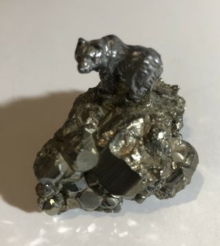 Pewter Bear Figurine On Pyrite,  Fool’s Gold