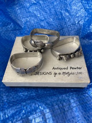 Antiqued Pewter Designs By Metzke Set Of 4 Shell Napkin Rings W/ Box