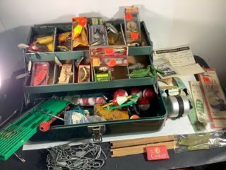 Vtg Fishing Tackle Box Metal Lure Reel Walton “grip Loc” Heddon Bomber Zebco 66