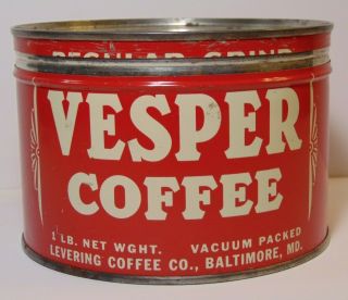 Old Vintage 1950s Vesper Keywind Coffee Tin 1 Pound Levering Baltimore Maryland