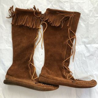 Vtg Brown Suede Knee High Lace - Up Moccasin Boots Fringe (ladies 11 Or Men 