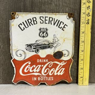 Vintage Drink Coca Cola Porcelain Sign Route 66 Diner Drive In Curb Service Soda
