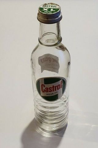 Vintage Glass 1 Quart Castrol Oil Bottle/cap Near Garage Classic Car 13.  5 "