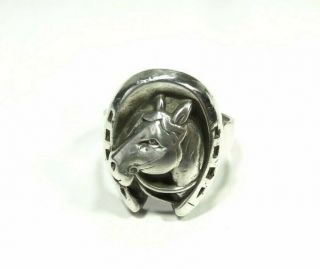Vintage Horse & Horseshoe Equestrian Band Ring Sterling Silver 925 Size 9