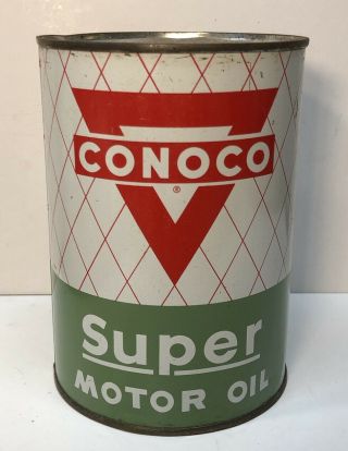 Vtg 1950s Conoco Motor Oil 1 Quart Oil Can Tin Continental Oil Co Oklohoma