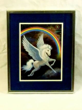 Vintage K Chin Beyond The Rainbow Pegasus Picture Print Framed 8.  5x10.  5”