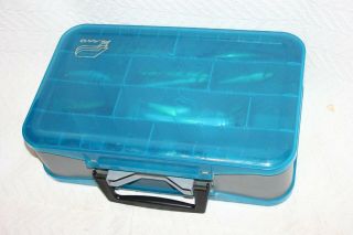 Double Sided Plano Blue/gray Tackle Case 14 " X 9 " X 4 " Full Of Vintage Lures