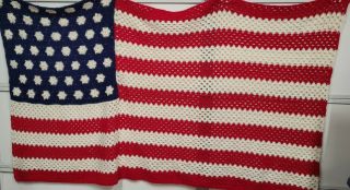 Vintage Handmade Knitted Crochet Blanket - Flag Red White Blue Patriotic