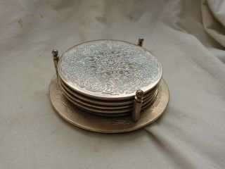 Stunning Set Of 5 X Silver Plated Drinks Coasters Vintage In Holder Table