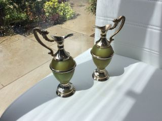 Marked Matching Pair Delicate Brass And Marble/onyx English Urns Very Decorative