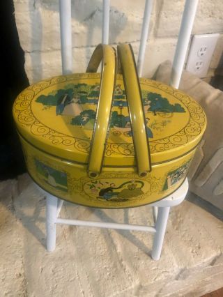 Vintage Oval Tin Metal Can With Lid And Handles Yellow Early 20th Century Scenes