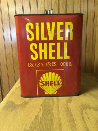 Vintage Silver Shell Motor Oil 2 Gallon Tin Litho Advertising Can With Cap
