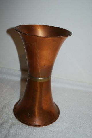 Lovely Copper Vase With Brass Centre Ring 25cm Tall 14 Wide Vgc Great Patina