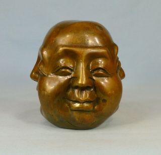 Vintage Marked Four Face Brass / Bronze Buddha Head Paperweight 3.  75”