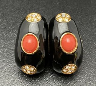 Vtg Scaasi Black Enamel Clip On Earrings Coral Cabs Runway Couture Jewelry