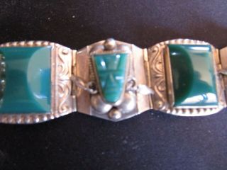 Signed AR Vintage Taxco Mexico 925 Tribal Mask Green Obsidian Link Bracelet 7 